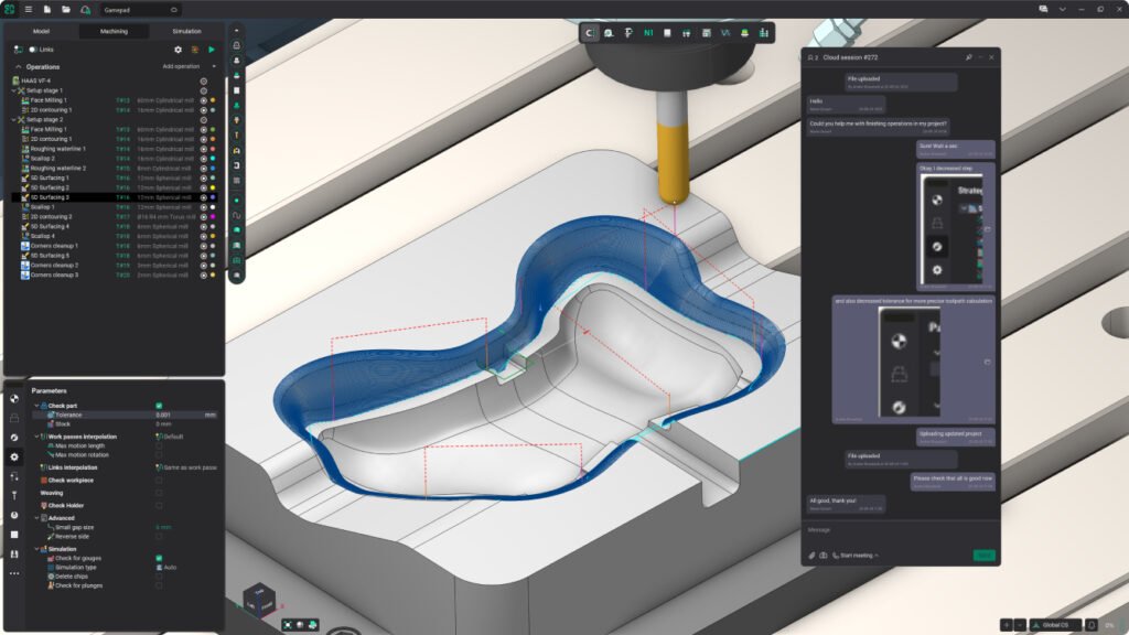 ENCY Clouds bulut iş birliği arayüzü - CAM programlama ve sohbet paneli