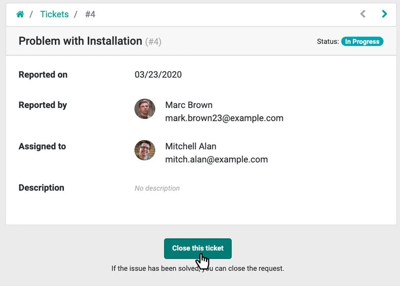 Odoo Helpdesk ticket kapatma referans ekranı